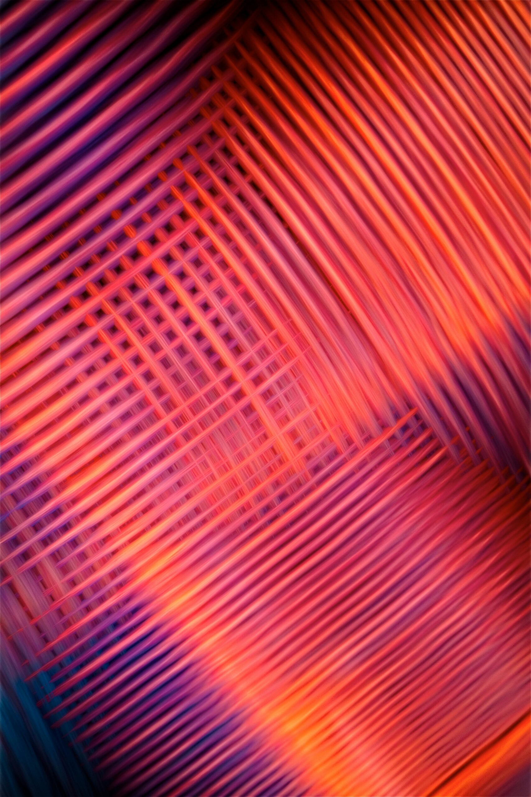 Dynamic abstract art featuring vibrant geometric light trails in fiery hues.